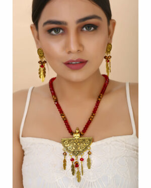 Gorgeous girl wearing Red Crystal Beads Designer Pendant Necklace Set for Girls & Women