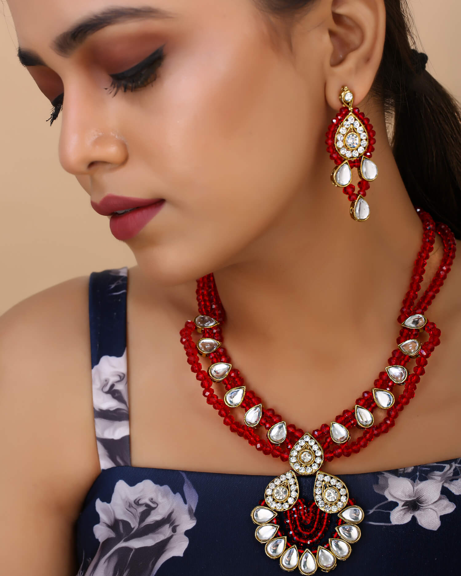 Buy Ratanshala - Semi Precious Gemstone Green/Red Crystal Beads 5 Layer  Necklace with Stud Earring Multi Strand Multi Colour 16