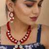 Beautiful Girl Wearing Red Crystal Beads Diamond Stone Pendant Kundan Necklace