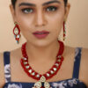 Beautiful Girl Wearing Red Crystal Beads Diamond Stone Pendant Kundan Necklace