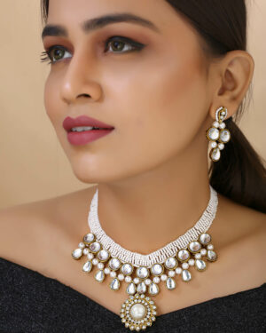 Girl Wearing White Jeko Moti Pearls Kundan Necklace