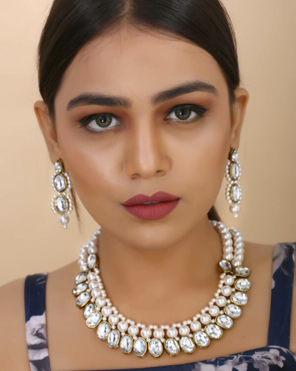 Girl Wearing Beautiful White Pearls Kundan Grand Choker Necklace Set