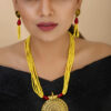 Beautiful girl wearing Yellow Jeko Moti Antique Pendant Multi Strand Necklace & Earrings