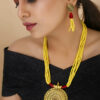 Beautiful girl wearing Yellow Jeko Moti Antique Pendant Multi Strand Necklace & Earrings